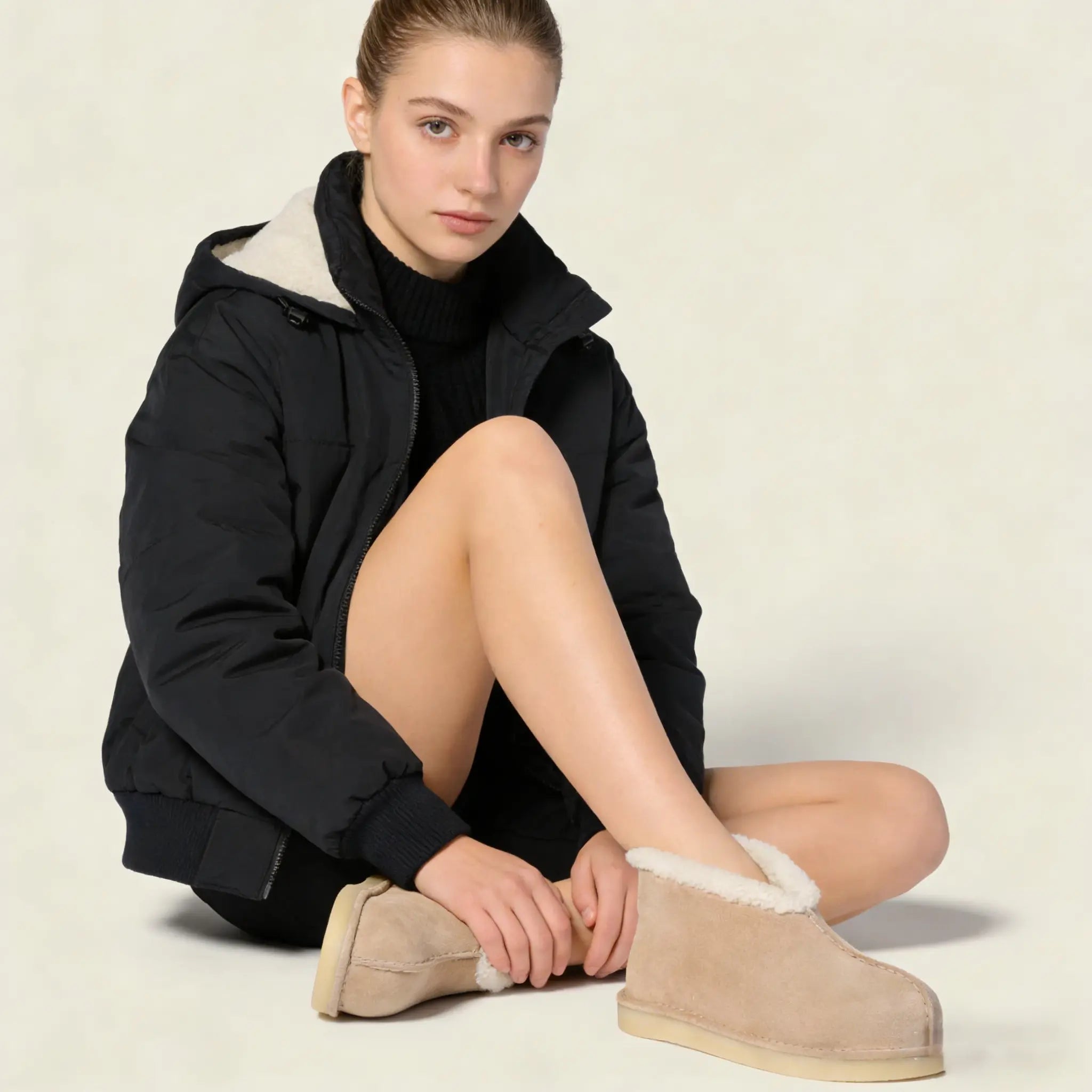 Beige Suede Shearling Mini Booties Gilded Cadence