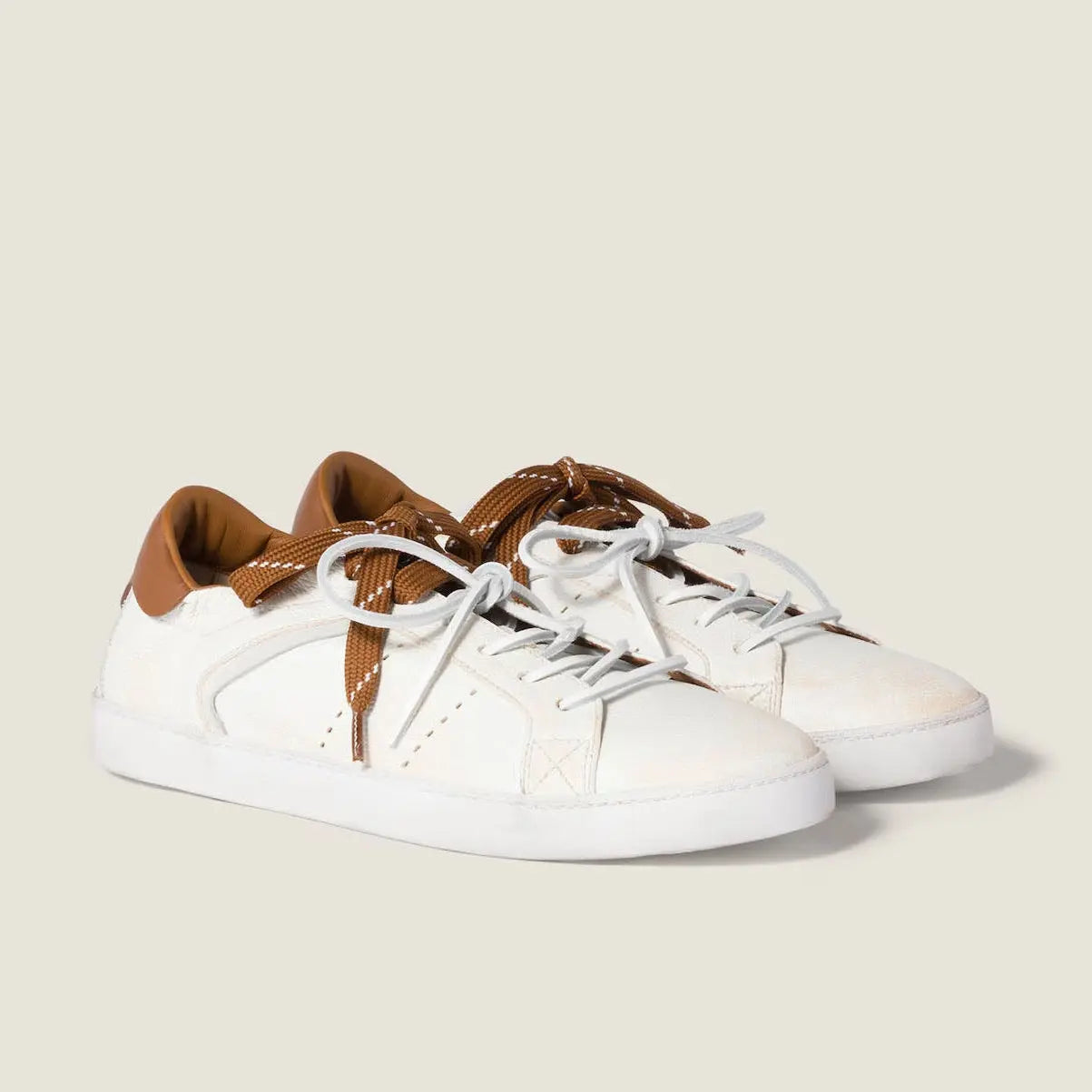 Art Deco White and Cognac Leather Sneakers Gilded Cadence
