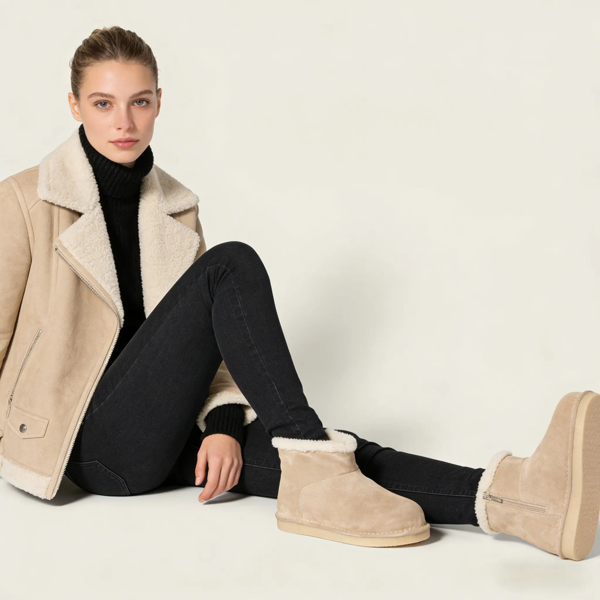 Beige Suede Fold-Over Winter Booties Gilded Cadence