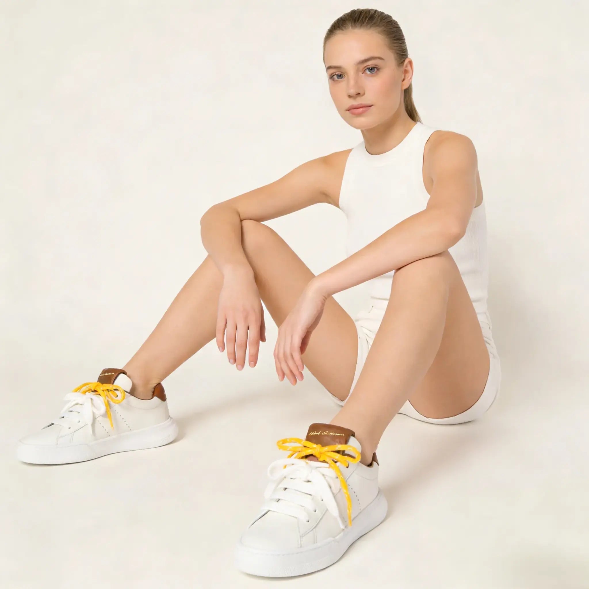 Women's White and Cognac Leather Sneakers Gilded Cadence