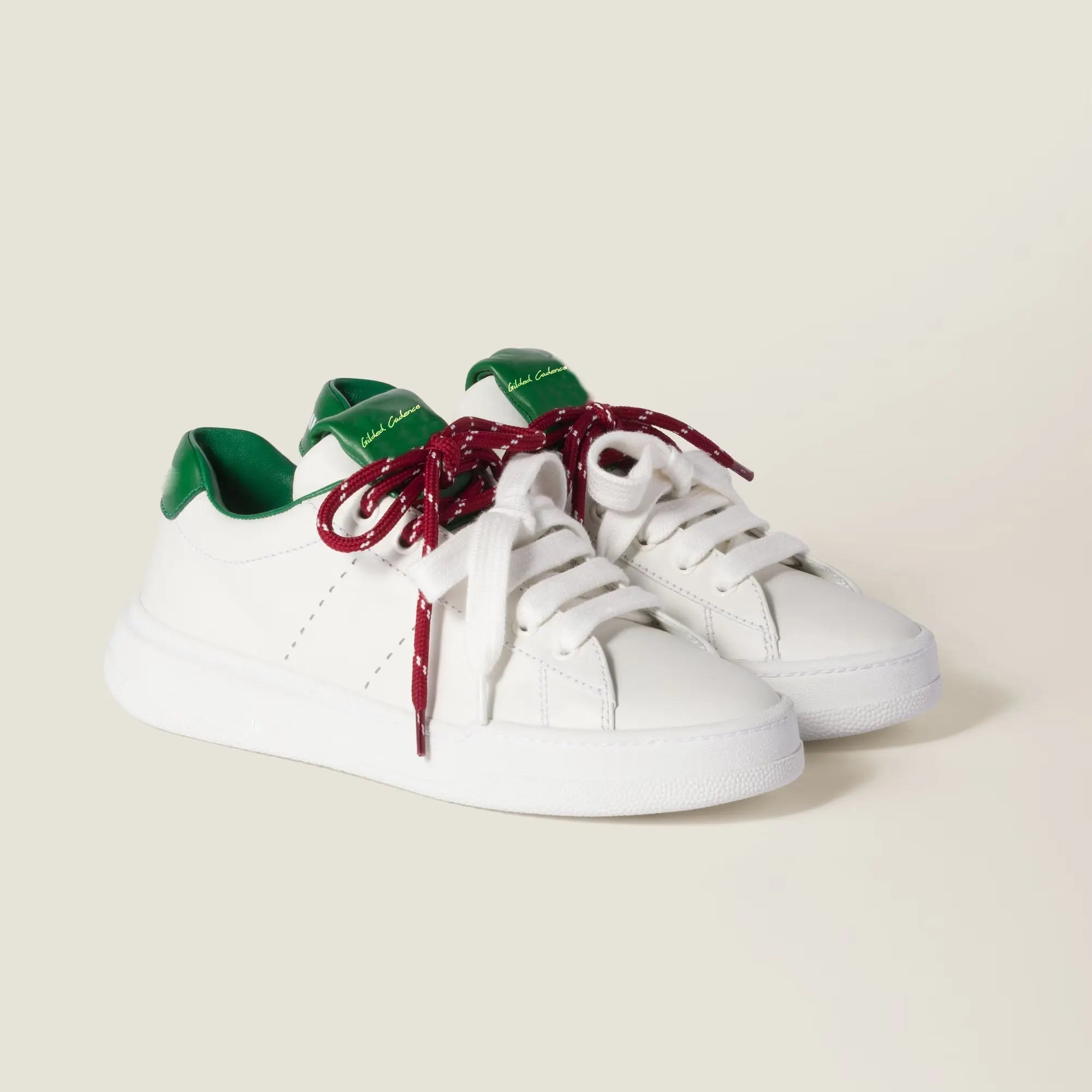Women's White and Green Leather Sneakers Gilded Cadence