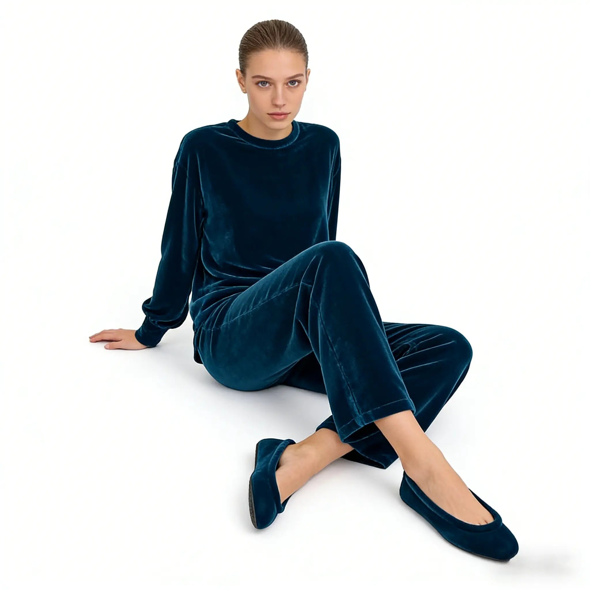 Peacock Blue Velvet Square Toe Flats Gilded Cadence