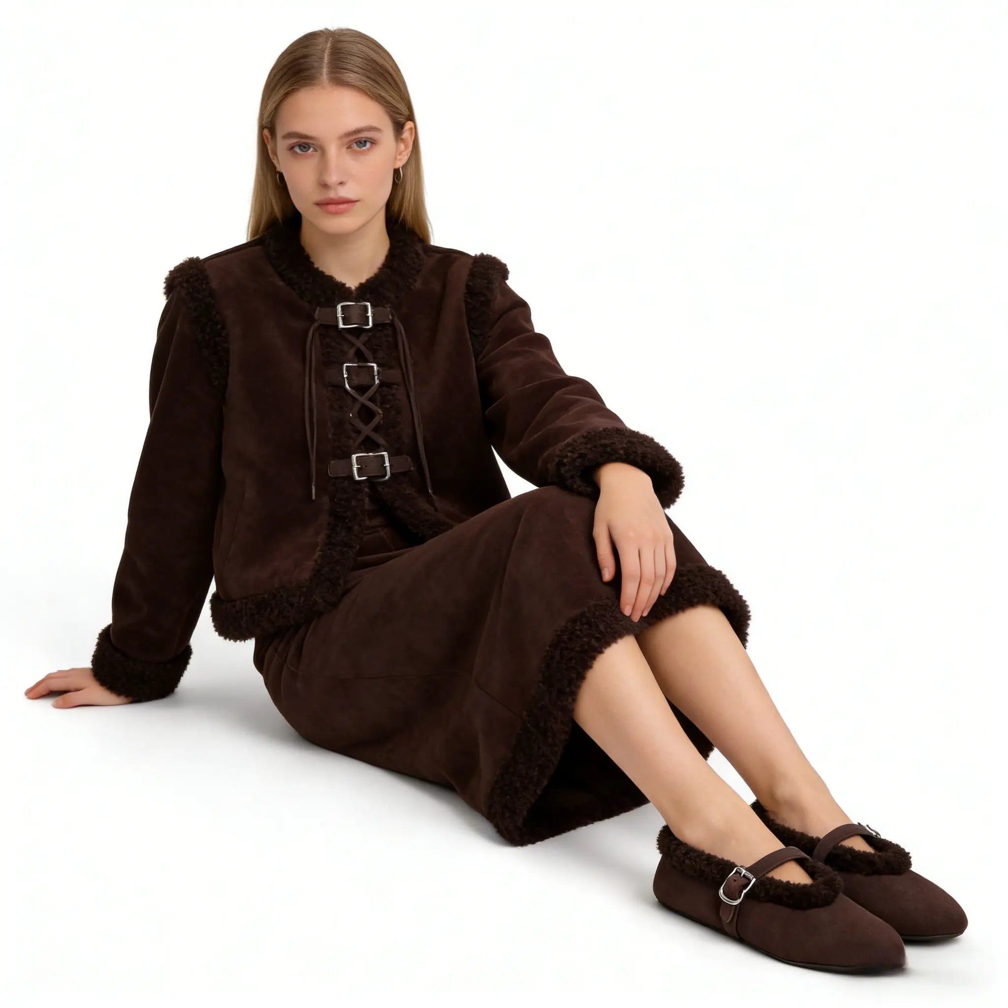 Chocolate Brown Shearling Ballet Flats Gilded Cadence